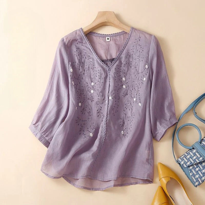 Solid Linen Top-Tunic With Embroidery Work For Women