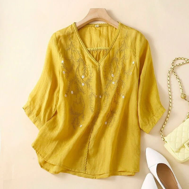Solid Linen Top-Tunic With Embroidery Work For Women