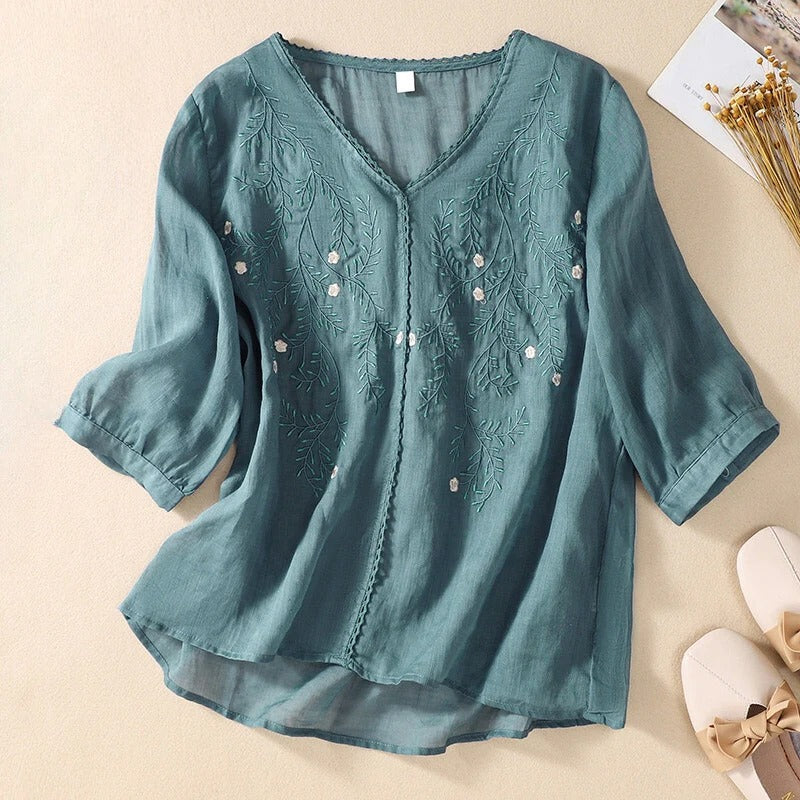 Solid Linen Top-Tunic With Embroidery Work For Women