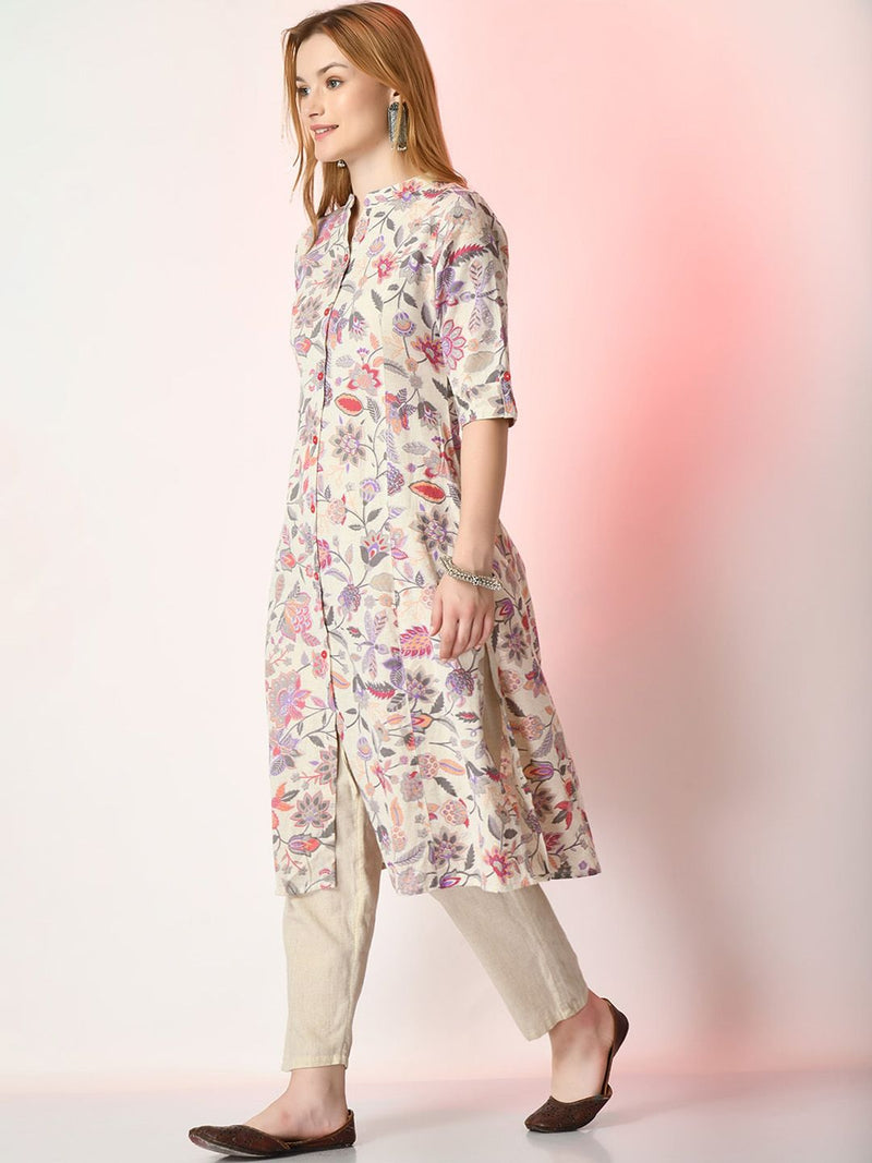 Off White Floral Printed Mandarin Collar Cotton A-Line Kurta