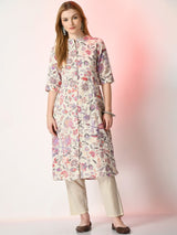 Off White Floral Printed Mandarin Collar Cotton A-Line Kurta