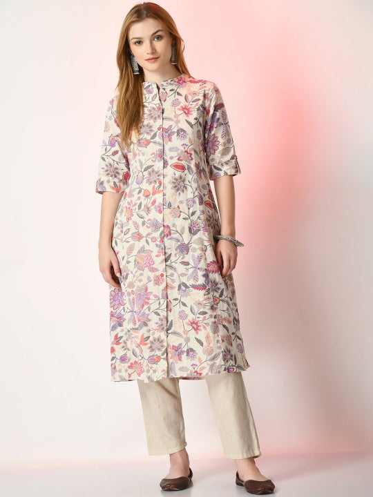 Off White Floral Printed Mandarin Collar Cotton A-Line Kurta