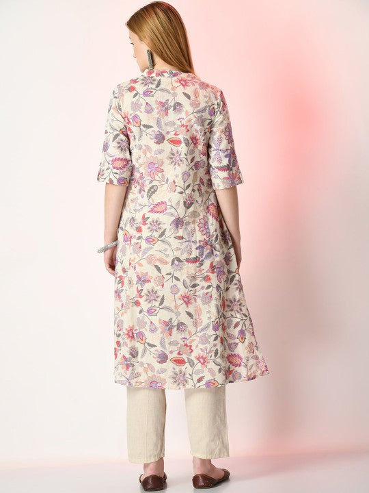 Off White Floral Printed Mandarin Collar Cotton A-Line Kurta